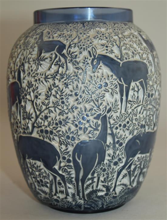 A Rene Lalique Biches cobalt blue glass vase, introduced 1932, 17cm, extensive cracks